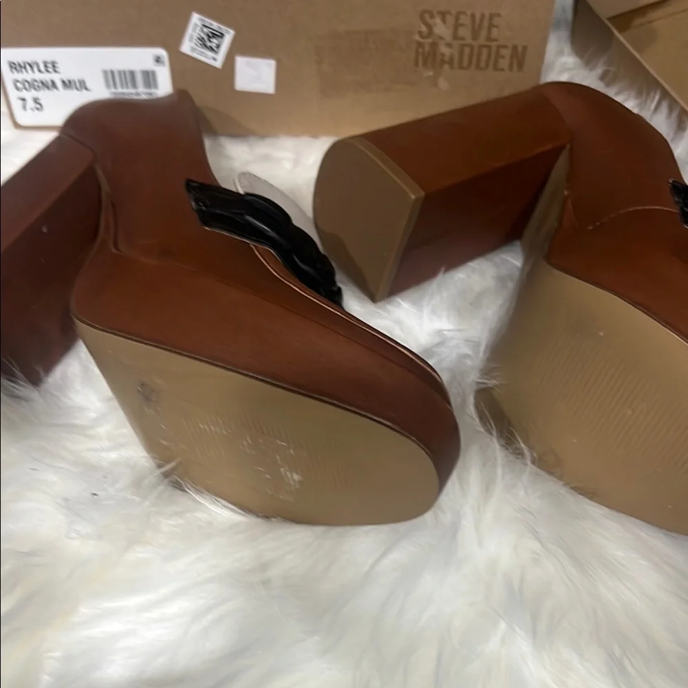 Steve Madden Brown Tan Cream Black Block Heel Loafers platform heels